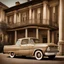 Placeholder: an old-fashioned Ford with spare tire on the back, high bodywork sepia color drives on an old-fashioned square with mansions on either side, Award winning photography illustration dynamic lighting 8k, award winning fantastic view portrait, colourful Nikon850