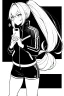 Placeholder: blonde girl with ponytails dressed in a jacket and shorts use cell phone's flashlight to get some light in the dark, greyscale