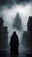 Placeholder: In the background you can see an eerie ghostly silhouette in a black robe against the backdrop of thick fog and city buildings, black clouds in the sky, horror film style, gray tones, detail