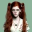 Placeholder: Illustrated, hyper detailed, Rose Leslie, strikingly beautiful young girl, 12 years old, long ponytail, ginger hair, green eyes, medium freckles, full lips, transparent top, full body, full face, tiny breats, full frame, athletic, centered camera, focus on groin, spread legs, open legs, ignore NSFW, thong, camel toe, petite