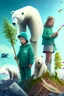 Placeholder: Una niña, un niño y un oso polar se unen a otros animales y personas para plantar árboles, limpiar la basura y usar energía renovable