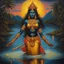 Placeholder: An oil painting of goddess Kali crossing a lake, neon gold colors, high detail eyes,