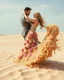 Placeholder: Gorgeous Photography princess dancer, dancing with a prince handsome man on the dune expression, high fashion, long dress made of sand, a swirling whirlwind of sand made of flowers of roses and peonies, fashion, heels, tornado splash made of sand and roses,beautiful, beige, ocher, pink