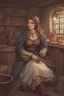 Placeholder: DnD style, medieval beautiful woman dressed in warm winter clothes sitting in a tavern