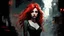 Placeholder: Graphic Novel Full Body Portrait Of Disney Ariel, Gorgeous Red Hair, Big Wide Set Eyes, Cute Nose, Big Pouty Lips, Unique Moody Face, slinky Black Dress dancing on stage under neon lights, Cinematic Detailed Mysterious Sharp Focus High Contrast Dramatic Volumetric Lighting,:: dark mysterious esoteric atmosphere :: digital matt painting by Jeremy Mann + Carne Griffiths + Leonid Afremov, black canvas, dramatic shading, detailed face