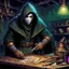 Placeholder: 90's fantasy tcg art of a hooded man with a mask in a junk workshop