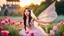 Placeholder: A gorgeous Asian model in a fairy outfit in a field of flowers at sunset a crystal castle at background