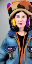 Placeholder: Brunette woman.thick thighs,thick calves,normal bodytype. big head. Mantle is sewed of upcycled Denim and sewed together of camouflage pieces. Pieces' color are orange, cream and purple. It is with big bright purple felt tippet and cream-colored-hood. mantle is merged with satchel, ochre. Big AKG-style headphones (gold rings!) is merged with small felt cap with small visor. Style: Haute Couture in 1920's, N.Y.C fashion in 2024, inspired by street art. Cream latex gaiter. Tennis shoes!