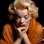 Placeholder: A photograph of cute disheveled marilyn monroe, crying, , , eyes closed, no make up, in the style of milton greene, pale orange silk scarf around her shoulders, soft bacground