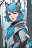 Placeholder: Young woman with short azure hair, wolf ears, vivid blue eyes, futuristic armor, smirking, fangs, woodland background, RWBY animation style