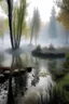 Placeholder: Circle pond, soft fog, with light breaking through, tall white birch trees, and a stone path flanking both sides of the pond going up to a gazebo