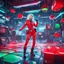 Placeholder: quirky, avant garde, highly detailed, weird but also humorous, large workplace sees very cute girl in neo-dada outfit fighting aliens in a 4D psionic competition. It is a funroom in colors of red, green and white stripes. giant ice cubes, lazers, and dripping blue goop and Roger Dean style furniture give this an ESCAPE ROOM mystery aesthetic