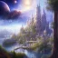 Placeholder: Create a fantasy world landscape. It should be like a starry sky and paradise with the city that has a wall around the city. Hopefully, we can incorporate trees, grass, and mountains.