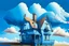 Placeholder: House illustration, realistic, detailed, illustrative, childrenbook style, Blue house, sky, clouds