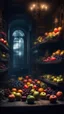 Placeholder: Si-Fi, The permanent under atmospheric lighting effects, a whole tables and shelves filled with all kind of fruits . intricate historical moody atmosphere, eerie grimdark ambiance, complex motherboard accents, speculative fiction art. Bokeh