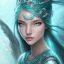 Placeholder: Air witch, majestic beauty, Asian woman, silver colored eyes, aqua hair in a long ponytail, wearing an aqua witch hat, wearing an aqua crystal necklace