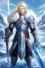 Placeholder: 1 anime man. warrior, with blue eyes and blonde hair man in silver Viking armor with fur around the neck with blue crystal on his chest, standing in water in the artic, holding a ice sword and shield, warrior in, anime style