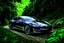 Placeholder: A Tesla's 'Model S Plaid' is parked, amid the 'Jurassic Park' jungle. CINEMATIC. WIDE ANGLE LENS. PHOTO REAL.
