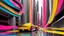 Placeholder: (hustle and bustle:55), (loop kick:10), (deconstruct:28), retro futurism style, urban canyon, cars of future oncoming, smooth curves, swirl dynamics, great verticals, great parallels, amazing reflections, excellent translucency, hard edge, colors of metallic grey and warm yellow and lollipop pink