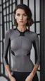 Placeholder: photography of a beautiful anorexic woman, grey satin triathlon top, sports illustrated, brunette short wavy bob haircut, pronounced sternum, flat chest, anthracite short leggins