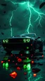 Placeholder: A black Dodge Challenger muscle car with glowing green headlights, parked on a wet, reflective ground under a stormy, dark sky. Green lightning strikes illuminate the background with dramatic contrast. The environment is cinematic and intense, with floating debris and glowing red shards scattered around, giving a high-energy, apocalyptic feel. Stylized lighting and deep shadows enhance the car's aggressive design. Ultra-realistic 4K rendering, moody atmosphere, dark red and black color palette.
