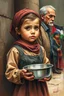 Placeholder: an expressive painting of a 3 years old girl poor with Ruth clothes standing in line asking for food with a pan in her hand painting, with Palestinian flag in the background, we might see a companion with features of absolute strength and determination, blended with warmth and deep faith. Perhaps his face expresses wisdom and courage, with eyes radiating confidence and faith.