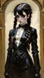 Placeholder: highly detailed, full body oil painting, petite goth girl with long dark braided hair, sharply defined angular facial features, anatomic perfection, by Andrea Kowch> <Yoji Shinkawa><Arthur Rackham> <Jean-Giraud Moebius, saturated vibrant natural color tones, precisely drawn and inked, 8k resolution