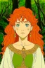 Placeholder: woman, elf, pointy ears, curly ginger hair, black eyes, white skin, fantasy clothing, DVD screengrab from studio ghibli movie, designed by Hayao Miyazaki, retro anime
