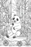 Placeholder: HAPPY NEW YEAR coloring page for kids, Panda munches on bamboo in patterned backdrop, thick outline, low details, no shading, no color