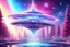 Placeholder: a cosmic beautiful SPACESHIP made of crystals and light is flyng up above a cosmic futuristic house. the landscape is a magic coloured nature with a central fountain with a magic bright crystal