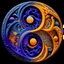 Placeholder: yin-Yang symbol, hyper detailed, photorealistic, hyper detailed, hyper defined, orange, azul, purple, yellow, DMT art