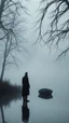 Placeholder: A mysterious man in black standing by the foggy lake black vein, human veins, mixing together a lot of them, like a forest, big and small veins a lot of them. A mist, show a small boat in a man in dark is coming in dark foggy distance and another man is standing on the water bank