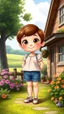 Placeholder: cartonic Chubby child lady with bold eyes with realistic hair and in pretty top and short tight and nice shoes,standing in country side next to country house with flowers,trees.