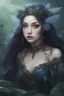 Placeholder: Dark blue hair, Water lilies long hair lotus night Fairy princess rapunzel hair queen crown dragonflies fireflies elven tiara flowers fairy wings gothic dark blue