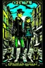 Placeholder: Design a detective book cover for teenagers. Three teenage detectives and black cat in the centre, one boy on her left, the girl in the centre and one on her right are on the town street. Banksy style, modern comic book style, mysterious atmosphere,