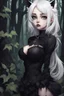 Placeholder: CAT GIRL, goth, forest, nature, cartoon, leaves, half black half white hair, boobs, portrait