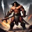 Placeholder: Conan, mighty and fierce, grips his gigantic hammer, His hands firmly locked, ready to unleash its power. Strength and determination emanate from his stance, A force to be reckoned with, ready for the battle's dance.battles, and with his warhammer held ready, he is prepared to unleash his wrath upon any who dare to challenge him.