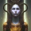 Placeholder: portrait of teenage medusa, with raised eyebrow, wicked smile, black snakes cover her head, hairless, wearing an embroidered rusty tunic, dark background, intricate, elegant, copper and emerald jewelry, glowing lights, highly detailed, digital painting, artstation, concept art, smooth, sharp focus, illustration, art by wlop, mucha, artgerm, and greg rutkowski golden ratio