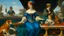 Placeholder: Oil painting of a white woman, around 25 years old, with auburn hair in a braid, wearing a blue jester hat, sitting on a stone pedestal with a lion head, seen from behind. In the background, two figures in a gondola, one playing a lute and the other rowing, both wearing elaborate costumes and masks. The scene is set in a Venetian-style palace with golden columns and arches. The painting style is reminiscent of the Old Masters, with soft, diffused lighting and a warm color palette. The brush