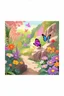 Placeholder: a striking, purple butterfly on a rock in a colorful garden background , child book illustration style, butterfly must be the same as reference image