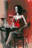 Placeholder: elegant beautiful brown-haired woman in red and black lace lingerie with crossed legs, proudly sitting on a chair, cigarette in her right hand, a glass of red wine on a table next to her, her lips are red, surrealist, smooth, pop, accentuate, faded glow, morning, bright, fine art, push, structure, silhouette, pencil sketch by Jean Cocteau fantasy high definition crisp quality in sunshine