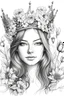 Placeholder: Draw a pencil sketch with white background of the face of abeautiful girl with crown on her head and having flowers all around