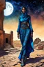 Placeholder: create an imaginative full body drawing of a futuristic Tuareg female, in traditional dress, with finely detailed facial features, in the ruins of Djado under the midnight sky, in the dynamic action style of, Burne Hogarth, finely textured, drawn, colored, and inked