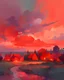 Placeholder: Painterly. Abstract. A village town with bright skyline in a clearing. long view, small homes, buildings, window lights,night view.Anomalous red cloud issuing forth from the heart. Simple yet majestic