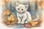 Placeholder: Cute soft contented kitten sweeping autumn leaves from the dirt road in the forest, reflecting water, misty morning sky, intricate zentangle, muted colours, employ golden ratio, elegant, intricate, very beautiful, high definition, hdr, pencil sketch, ultra realistic, ink, wet on wet watercolor, sparkling background