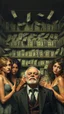 Placeholder: Bosch painting style nightmare, a rich man surrounded by man up young pretty girls andby a walls of money on the shelfs ,