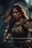 Placeholder: female warrior aiming a bow and arrow wearing bronze half armour dark fantasy Realistic 4k