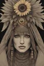 Placeholder: enigmatic shaman woman wearing a surprised (sunflower-head hat) with mystical aura pale brown eyes