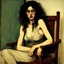 Placeholder: Breathtaking arab 30 years old woman with pale skin she is sitting on an old chair and has a tiny tanktop from the waist up, she has long black curly hair, petite figure, wide hips, prominent nose, thick lips, she has just been slapped around, by Egon Schiele, gustave dore, david mann, retro vintage style, hd photography, hyperrealism, graphite pencil drawing, realistic, natural, b&w illustration, fine art, beautiful watercolor painting, realistic, detailed, by olga shvartsur, svetlana novikova