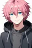 Placeholder: An anime man with messy short pink hair and narrow blue eyes wearing a hooded jacket Realistic.